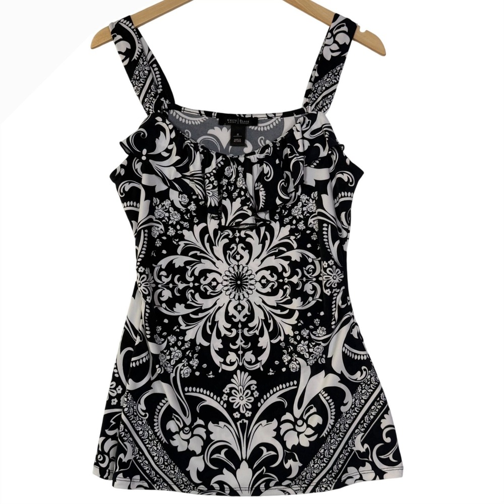 White House Black Market Womens Small Black White Damask Ruffle Top‎ Baroque